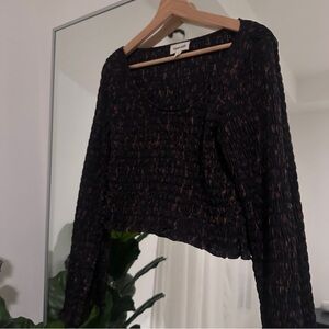 Open Edit (Nordstrom) black and brown ruched smocked long-sleeve top | Large